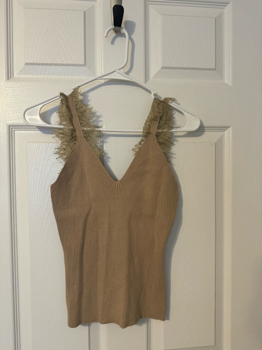 NWT Elsa May Ribbed Tank Top Lace Straps Beige Sz: 6